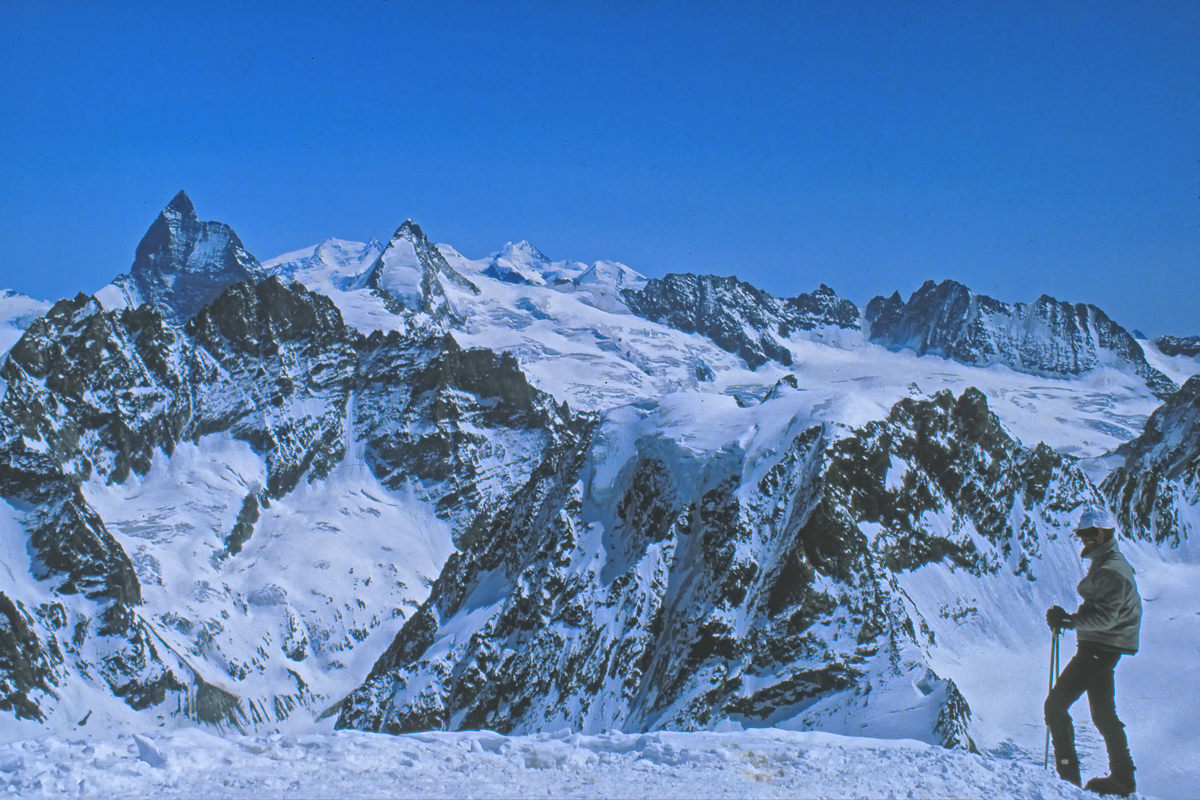 on the summit of the Pigne d'Arolla; in the background Mount Matterhorn